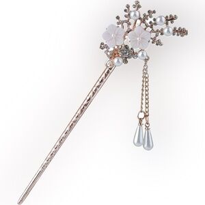 🔴Shell Flower Pearl Crystal Rhinestone Gold Finish Hair Stick Tassels 1PC